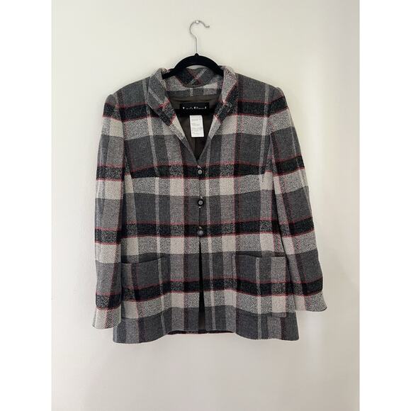 Louis Feraud Wool Blend Tartan Plaid Blazer Coat Jacket Size 12 Vintage Toggle - Picture 6 of 9